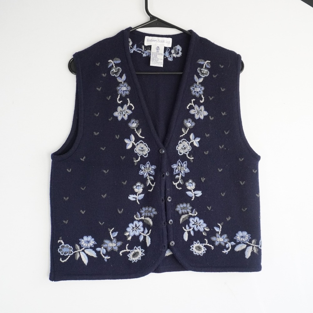VTG Robert Scott Ltd Womens Navy Blue Floral Embroidered‎ Wool Vest M Teacher